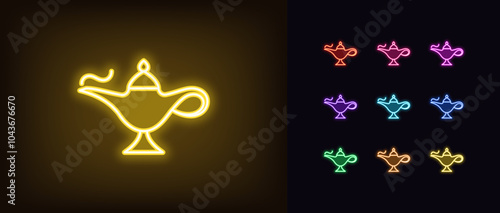 Outline neon magic lamp icon set. Glowing neon magic genie lamp for wishes, arabian treasure. Eastern tale, genie treasure, golden oil lamp, arabic luxury, magical miracle, make wish. Vector icons