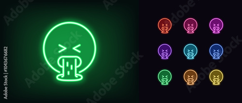 Outline neon vomiting emoji icon set. Glowing neon spew emoji, disgust feeling. Emoticon vomit, mouth with puke, dislike reaction, sick emoji, barf face, nausea emoticon, belch expression. Vector icon