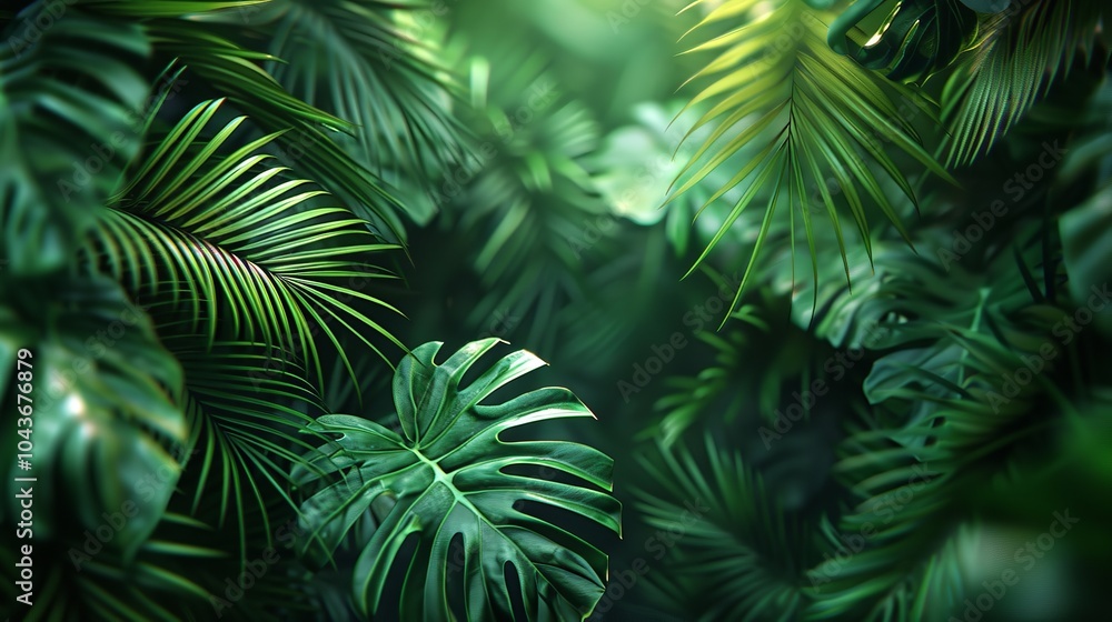 Fototapeta premium Tropical landscape. Large leaves of tropical plants. Close up. Tropical forest plants. High quality illustration.