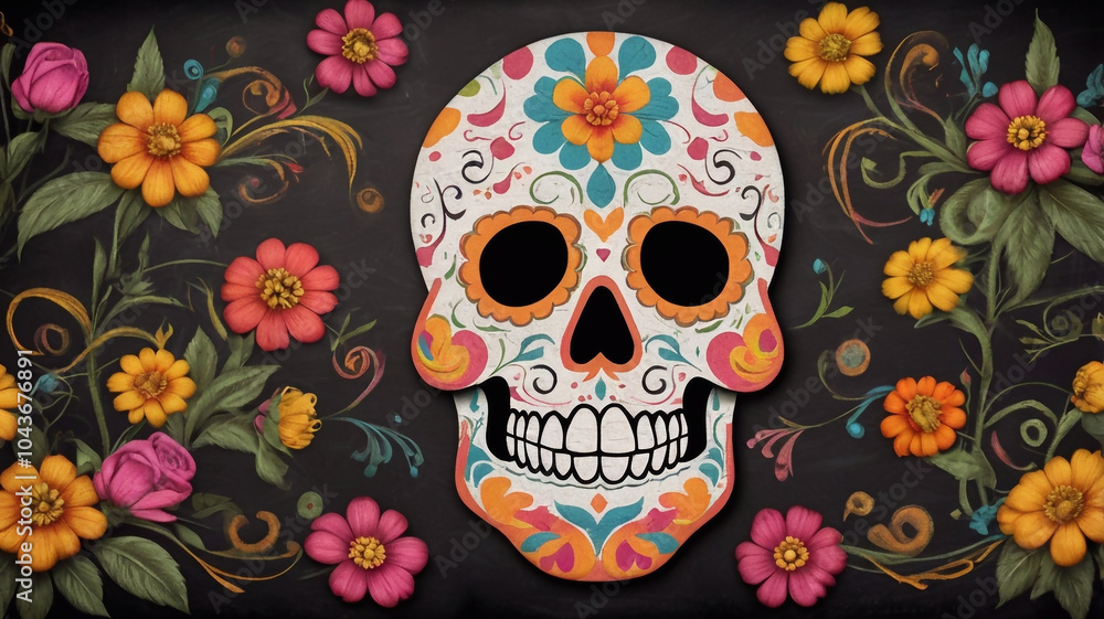 ornate sugar skull on chalkboard for dia de los muertos intricate floral patterns with vibrant colors popping against dark background ornate sugar skull on chalkboard for dia de los muertos intricate floral patterns with vibrant colors popping against dark background