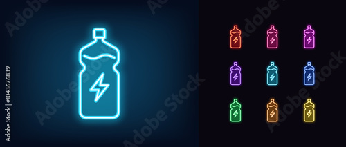 Outline neon energy drink icon set. Glowing neon water bottle with lightning icon, electrolytes drink. Hydration, liquid sport supplement, isotonic, health energy and electrolyte balance. Vector icons