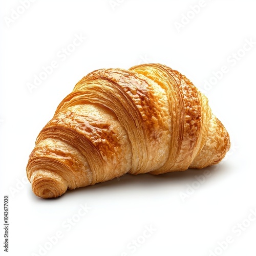 Fresh, golden puff pastry croissant on a white isolated background.