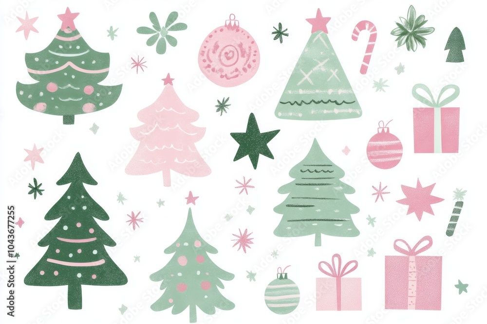 Obraz premium Set of Cute Hand-drawn Christmas Elements with Soft Pastel Colors and Simple Shapes on White Background - Vector Illustration Suitable for Holiday-themed Projects