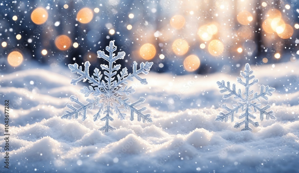 A winter wonderland scene featuring intricate,crystalline snowflakes gently resting on a soft bed of snow. The background is a cool,glowing blur with sparkling bokeh lights,creating a serene and magic A winter wonderland scene featuring intricate,crystalline snowflakes gently resting on a soft bed of snow. The background is a cool,glowing blur with sparkling bokeh lights,creating a serene and magic