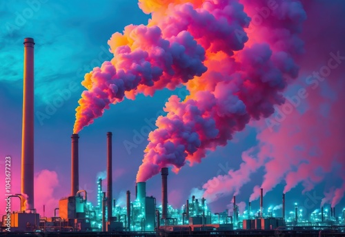 Industrial power station with towering chimneys releasing smoke into the sky, showcasing the raw energy and machinery of the factory, electric power lines stretching across the scene photo