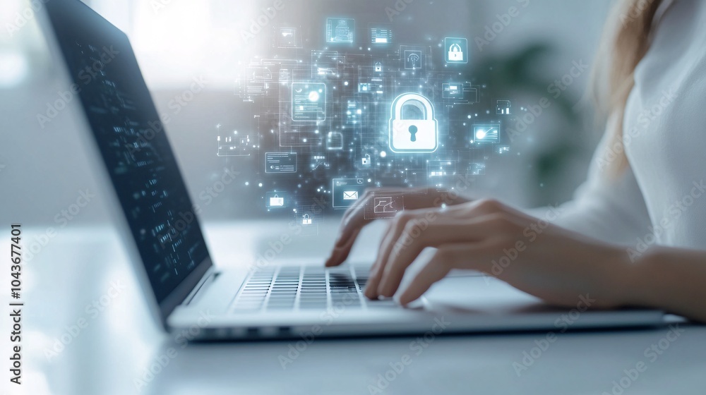Hands typing on a laptop with floating digital security lock icons, symbolizing data protection, Generative AI Hands typing on a laptop with floating digital security lock icons, symbolizing data protection, Generative AI