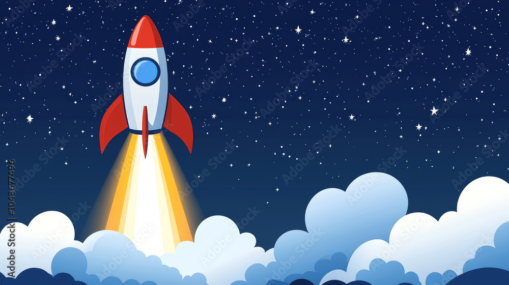 Space rocket launch into space, dark blue background with clouds. Innovation and startup concept. Space technology, rocket science, cosmic exploration. Space rocket launch into space, dark blue background with clouds. Innovation and startup concept. Space technology, rocket science, cosmic exploration.