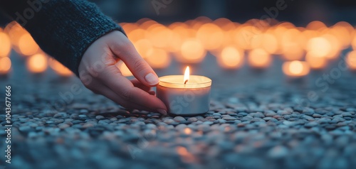 Closeup of hands lighting a candle, traditional and warm Festival of Lights gesture photo