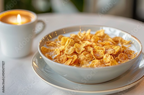 A Bowl of Cereal With Milk and a Candlelit Cup on a White Table