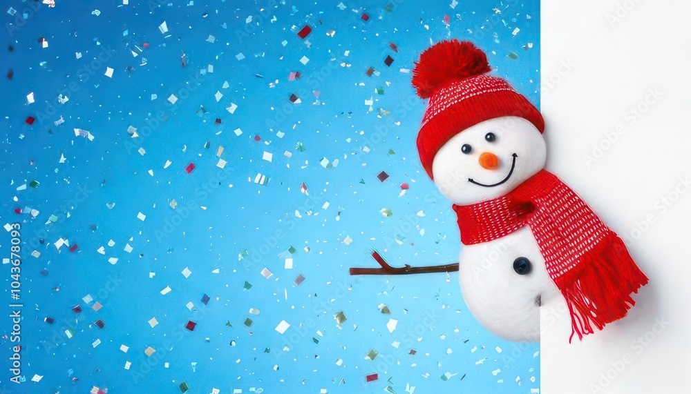 A cute snowman peeking out from the right side of the white wall, wearing a red scarf and glittery snowflakes A cute snowman peeking out from the right side of the white wall, wearing a red scarf and glittery snowflakes