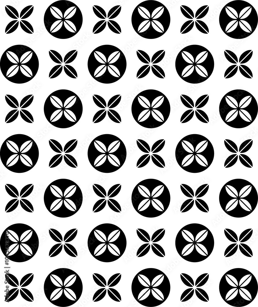 Seamless pattern background of black leafs arranged by four. Natural abstract theme. Simple flat geometric and abstract vector illustration. Seamless pattern background of black leafs arranged by four. Natural abstract theme. Simple flat geometric and abstract vector illustration.