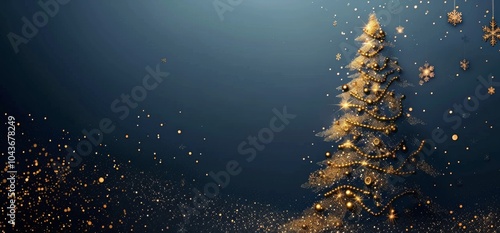 A Golden Christmas Tree Against a Blue Glitter Background