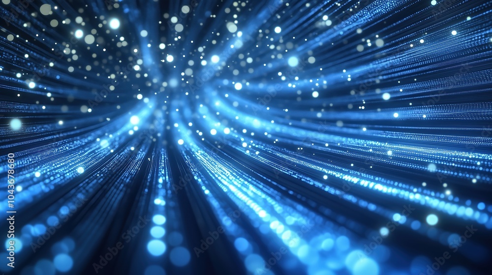 Obraz premium Abstract blue glowing light background with dynamic data transfer and technology concept, showcasing digital information flow and fast internet connection. This 3D rendered illustration features parti