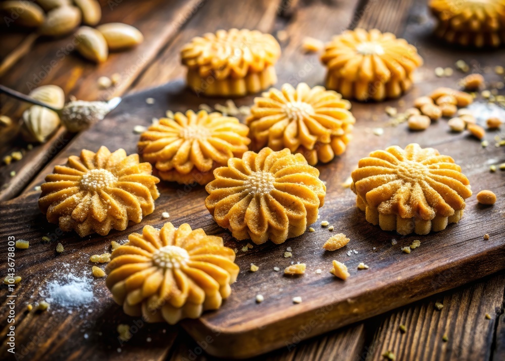 Fototapeta premium Beautiful Chrysanthemum Shaped Cookies on Wooden Board