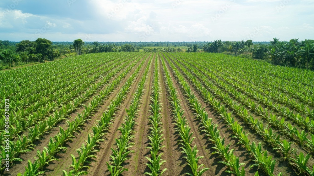 Aerial view of a lush green field with rows of young plants under a bright sky.