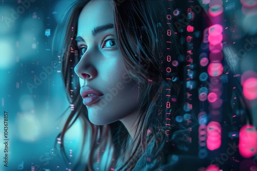 Woman Gazing Through Window With Neon Lights and Digital Patterns