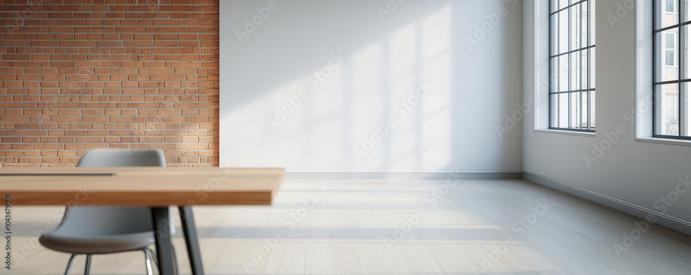 Modern office space with wooden table and large windows, natural light. Modern office space with wooden table and large windows, natural light.