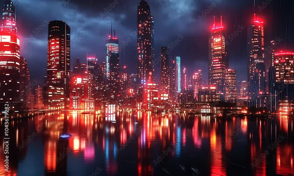 Futuristic cityscape illuminated by red lights and reflections. Futuristic cityscape illuminated by red lights and reflections.