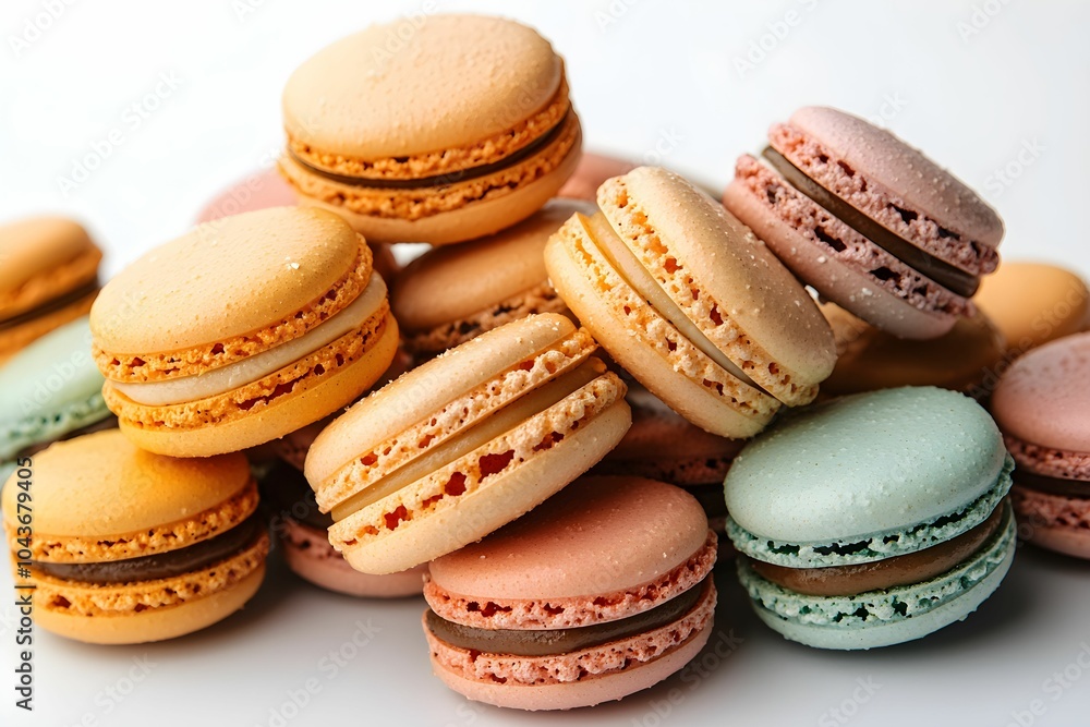 Obraz premium Colorful macarons piled together on a white background