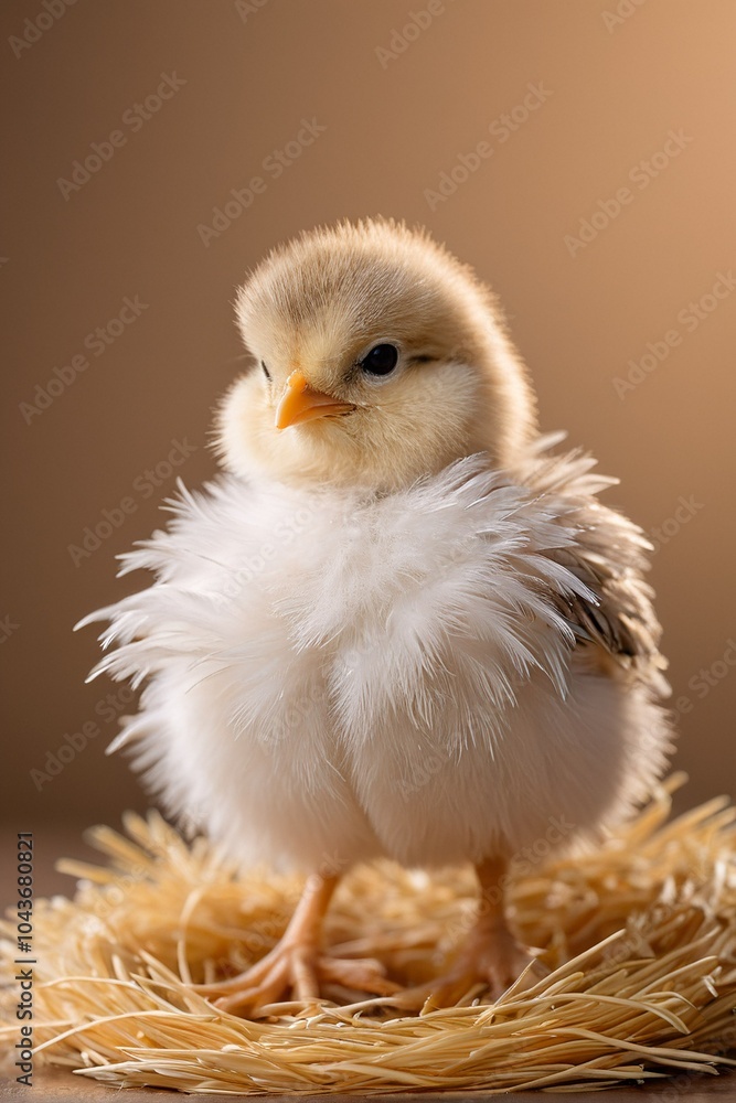 Obraz premium A fluffy chick sits on a straw nest, gazing directly at the camera.