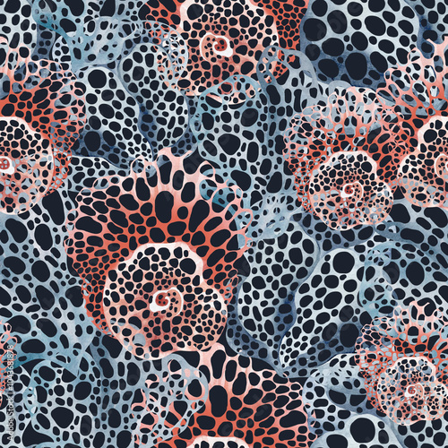 Fototapeta Naklejka Na Ścianę i Meble -  Coral reefs Watercolor seamless pattern. Hand drawn cartoon underwater background for design kid textiles. Marine wallpaper for kid holiday. Undersea Backdrop for textile design or wrapping paper.