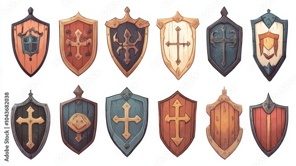 An illustration for a cartoon or game. A set of knight's shields on a white background An illustration for a cartoon or game. A set of knight's shields on a white background
