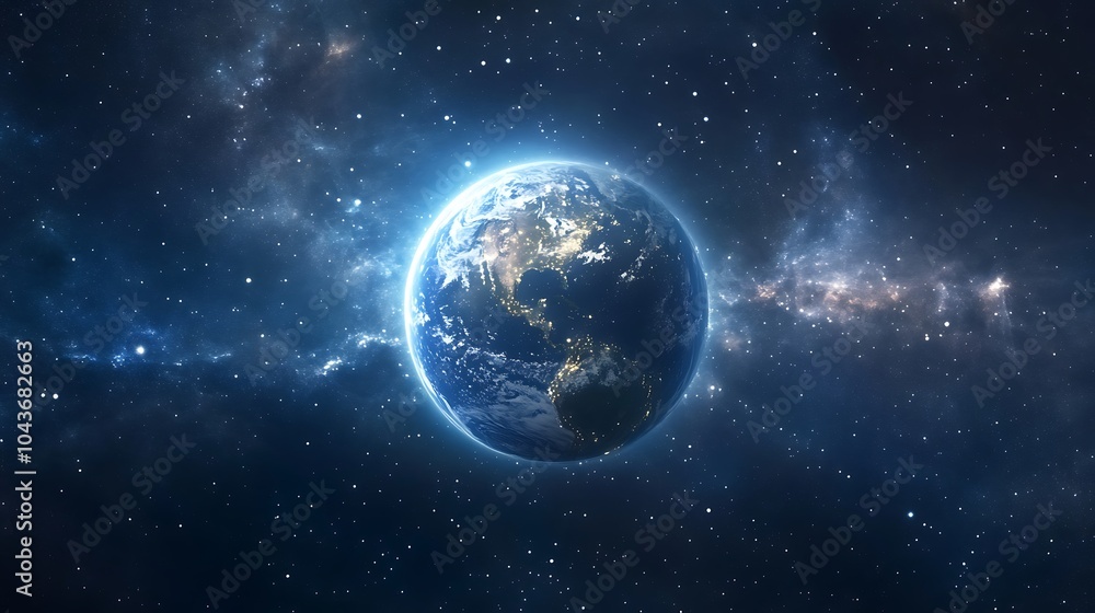 Fototapeta premium Earth glowing in space with luminous light streaks and surrounding cosmic dust