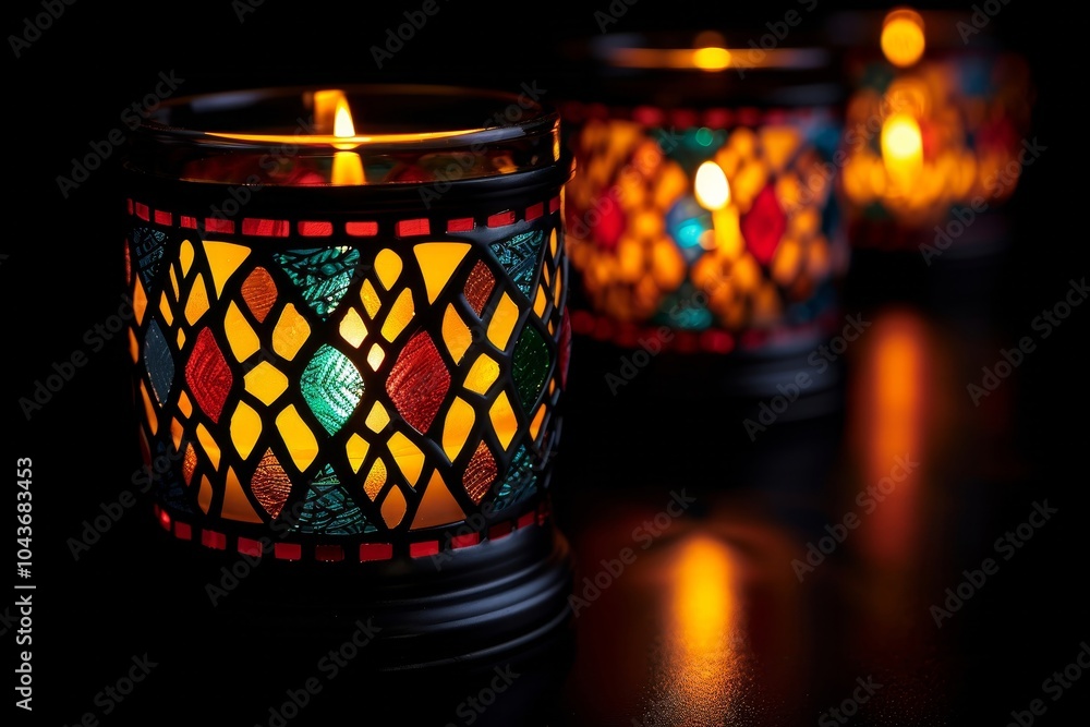 Three intricately designed candle holders emit a warm glow in a dark setting, showcasing vibrant colors and patterns. The flickering light creates a cozy atmosphere perfect for relaxation. Three intricately designed candle holders emit a warm glow in a dark setting, showcasing vibrant colors and patterns. The flickering light creates a cozy atmosphere perfect for relaxation.