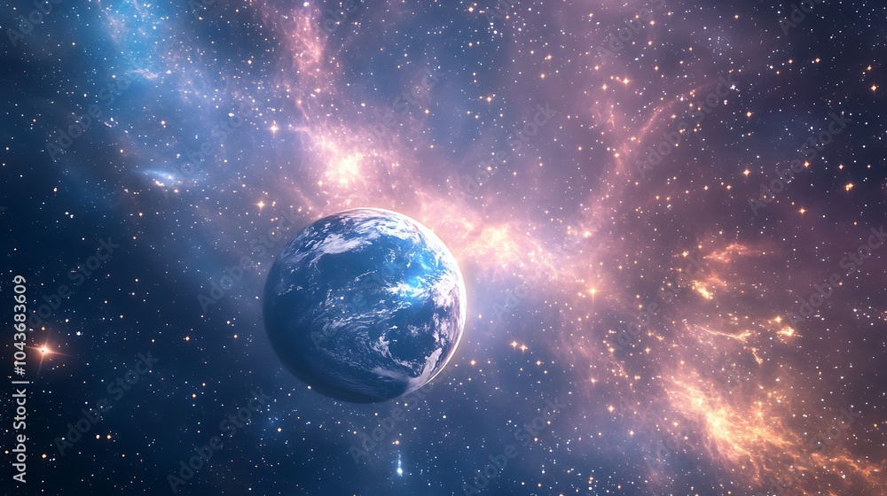 A glowing Earth surrounded by cosmic dust and streaks of light in deep space A glowing Earth surrounded by cosmic dust and streaks of light in deep space