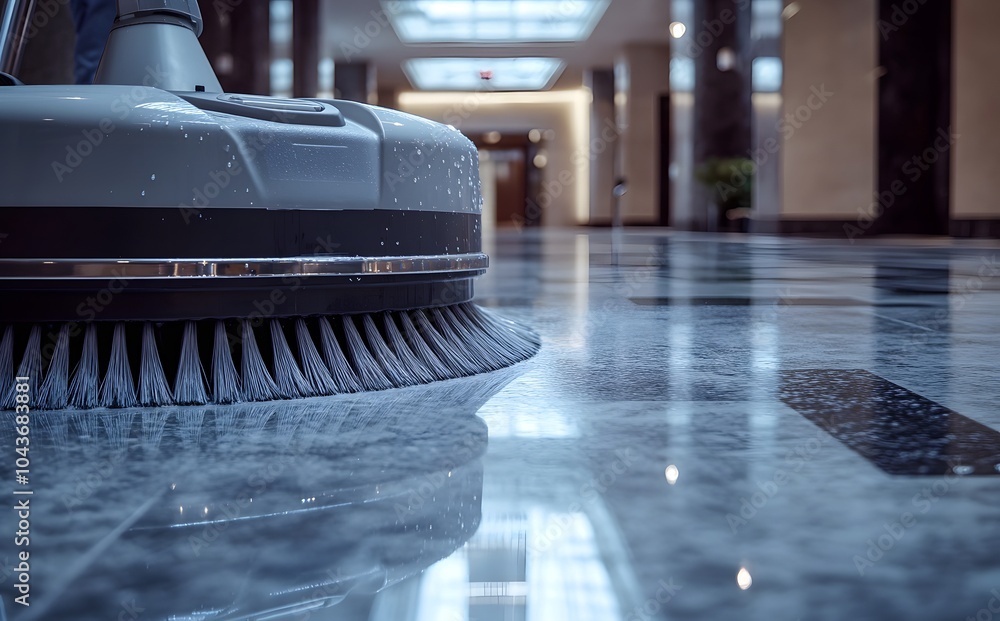In the hotel lobby, there is an industrial floor machine with large brushes that chrome the marble floors In the hotel lobby, there is an industrial floor machine with large brushes that chrome the marble floors