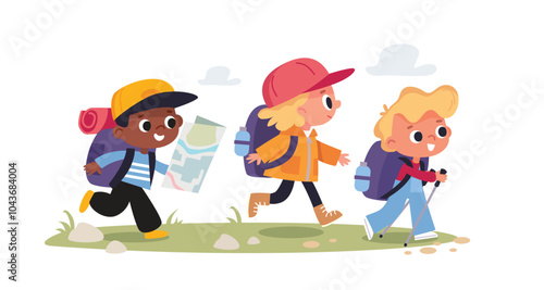 Vector set group of boy girl scouts young tourists traveling kids walking with travel bag backpacks and map, walking by route on vacation trip. Travelers collection. Hiker traveler  Tourism concept.