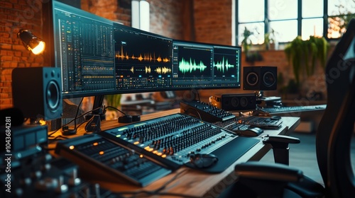 A modern audio production setup featuring multiple screens, mixers, and speakers.