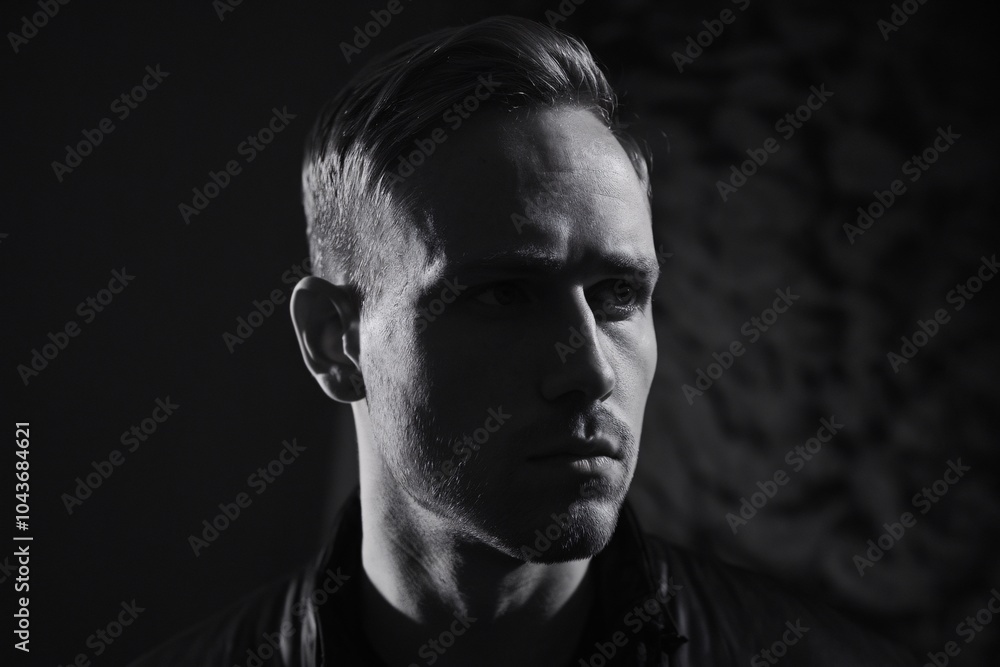 Obraz premium Intriguing Gaze: Black and white portrait of a man with a determined expression, his gaze piercing through the shadows. His thoughtful eyes hold a story, inviting viewers to delve into his world.