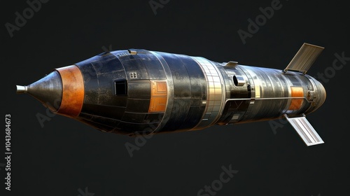 A detailed model of a missile showcasing its design and structural elements. photo