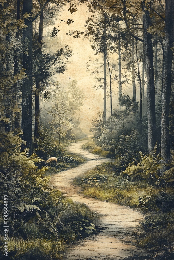 Fototapeta premium A serene path through a misty forest exploring nature's breathtaking beauty and tranquility in a peaceful landscape setting