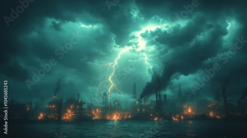 Dramatic Thunderstorm Unleashing Lightning on Industrial Crane, Intense Storm Atmosphere, Industrial Landscape, Nature's Power