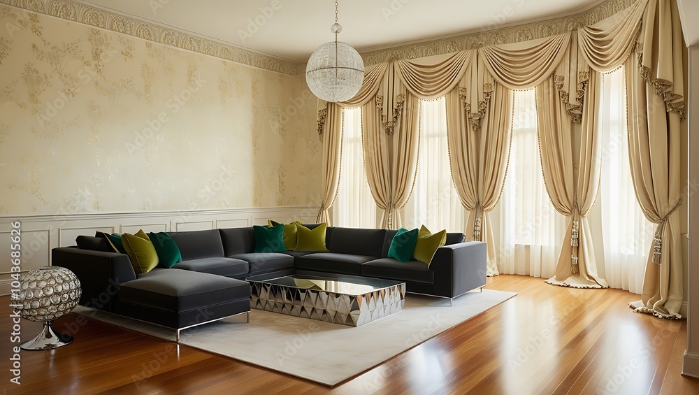 Obraz premium Cozy living room featuring scenic wallpaper and modern finishes