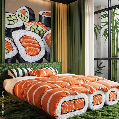 ​modern bedroom with sushi inspired design. bed styled as a sushi roll with a duvet with orange and white patterns imitating salmon and rice. The walls are decorated with a mural depicting sushi rolls photo