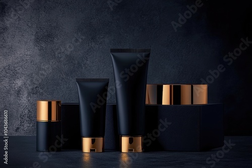 Four package beauty cosmetic tubes of black gold sripes splash premium mockup photo