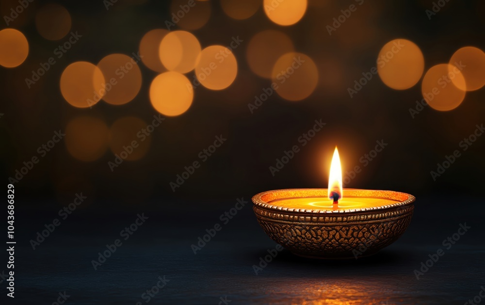 Closeup of a single diya glowing brightly in the darkness, peaceful moment Closeup of a single diya glowing brightly in the darkness, peaceful moment