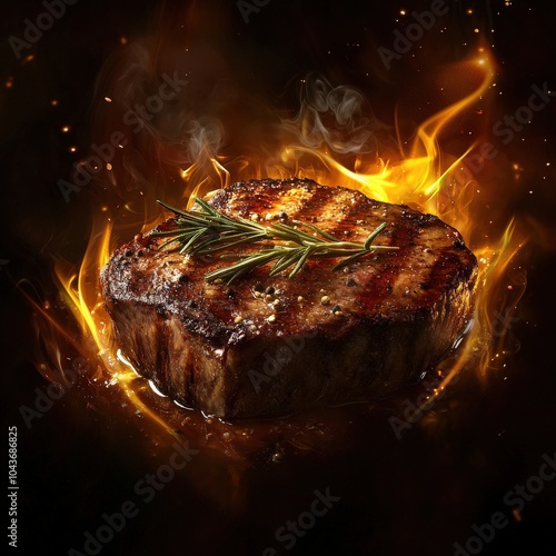 Grilled steak with herbs surrounded by flames and smoke.