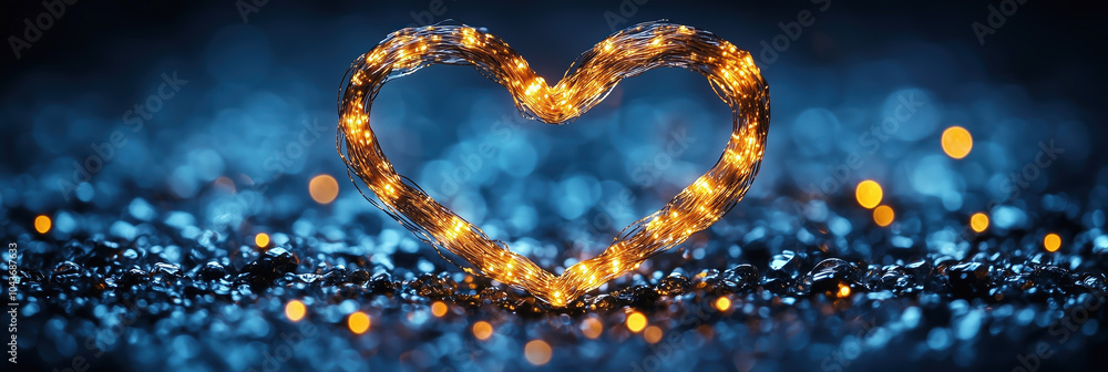 Glowing Heart Shape Decorated with Warm Lights Against a Blue Background Glowing Heart Shape Decorated with Warm Lights Against a Blue Background