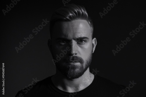Intense Gaze: A close-up portrait of a man with a determined expression, his dark beard and piercing eyes captivating the viewer in a dramatic black and white photograph.