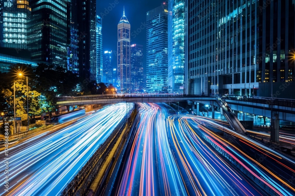Obraz premium X-ray aerial image of a traffic jam on a multi-lane highway, with a speed light trail behind the car, an expressway road junction in the metropolis city center at night.