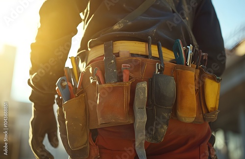 Close-up of a worker wearing a tool belt with tools on a construction site, with sunlight illuminating the scene. photo