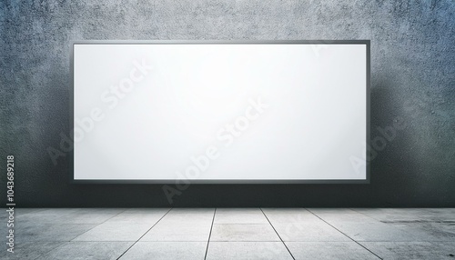 Front view on blank white billboard with space for your text or logo in the center of empty room with light floor and concrete wall background. 3D rendering, mockup