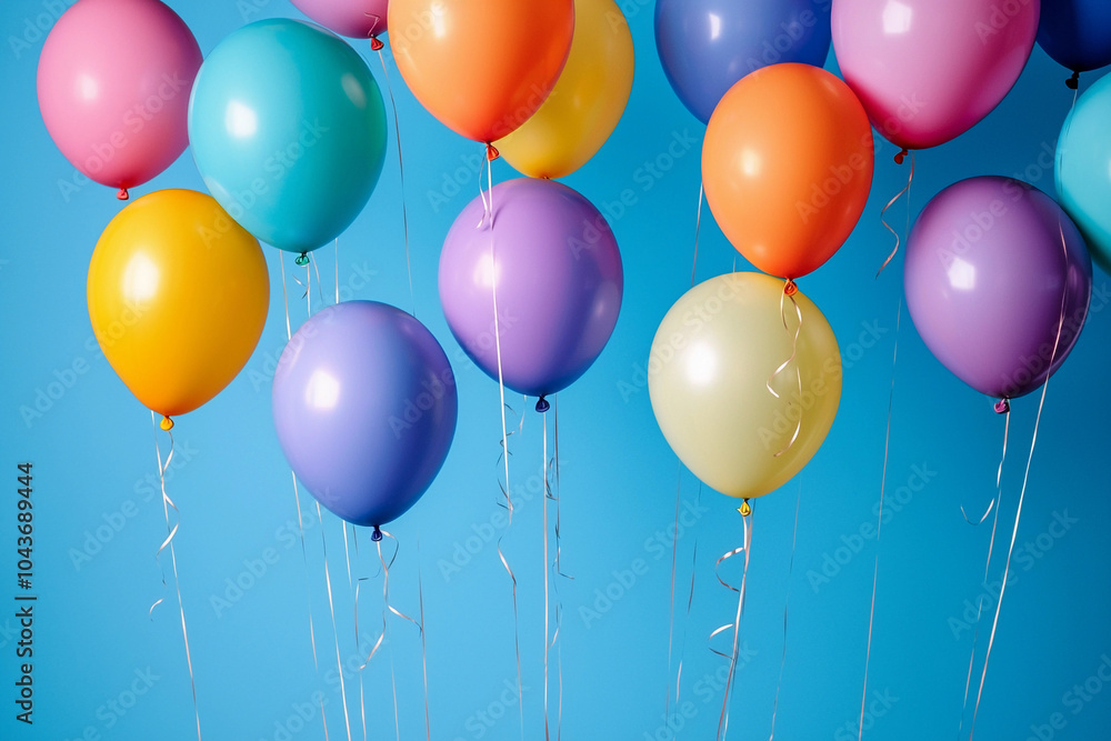 Balloons in different shapes float on a bright blue backdrop Balloons in different shapes float on a bright blue backdrop