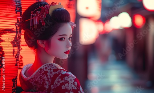 Portrait of a beautiful geisha in a traditional kimono and hairstyle, on the streets with red lanterns of an old Japanese city at night. photo