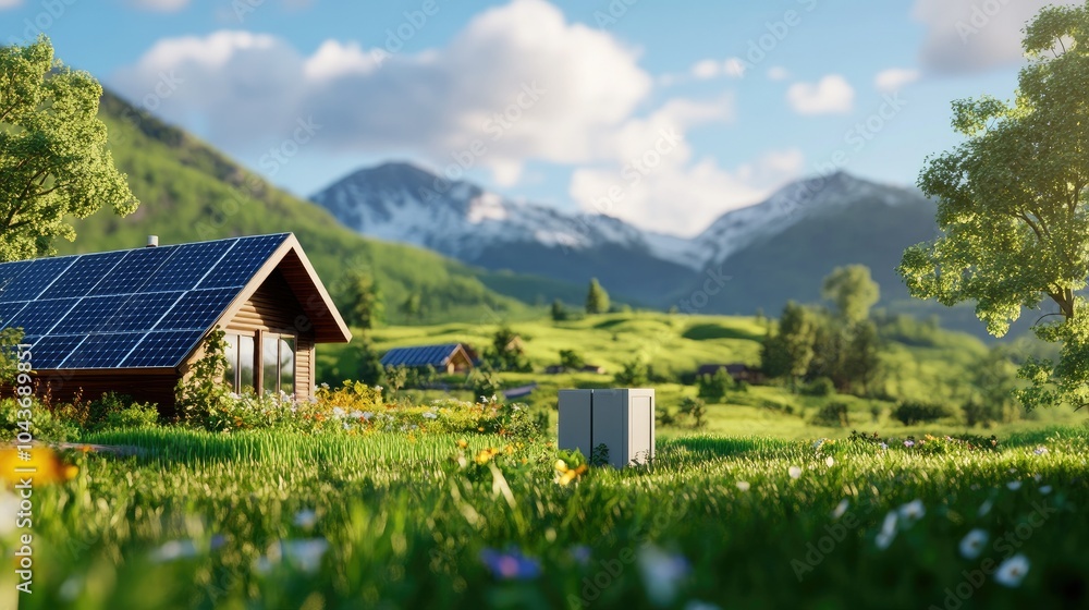 Fototapeta premium Solar Powered Cottage with Energy Storage in Nature