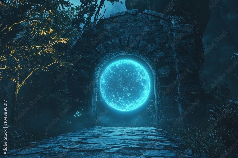 Fototapeta premium A majestic abstract portal stone gate with neon light in a cosmic, rocky mountain stone field, with spectrum light effect and generative stock (AI).